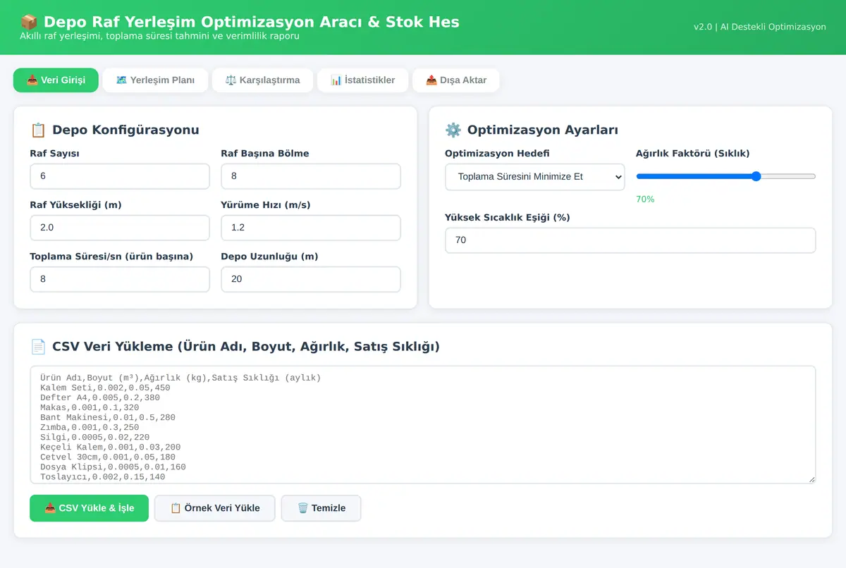 Depo Raf Yerleşim Optimizasyon Aracı & Stok Hesaplama ekran görüntüsü 3