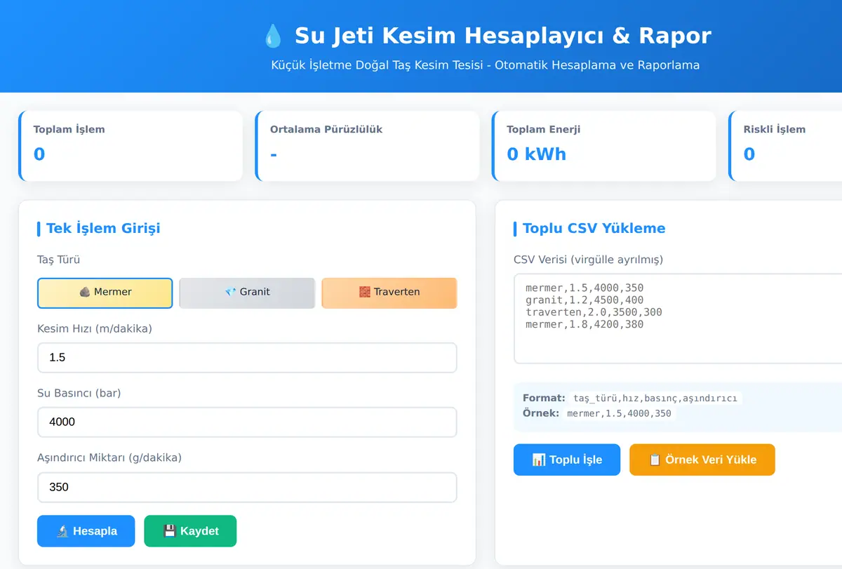Su Jeti Kesim Hesaplayıcı & Rapor ekran görüntüsü