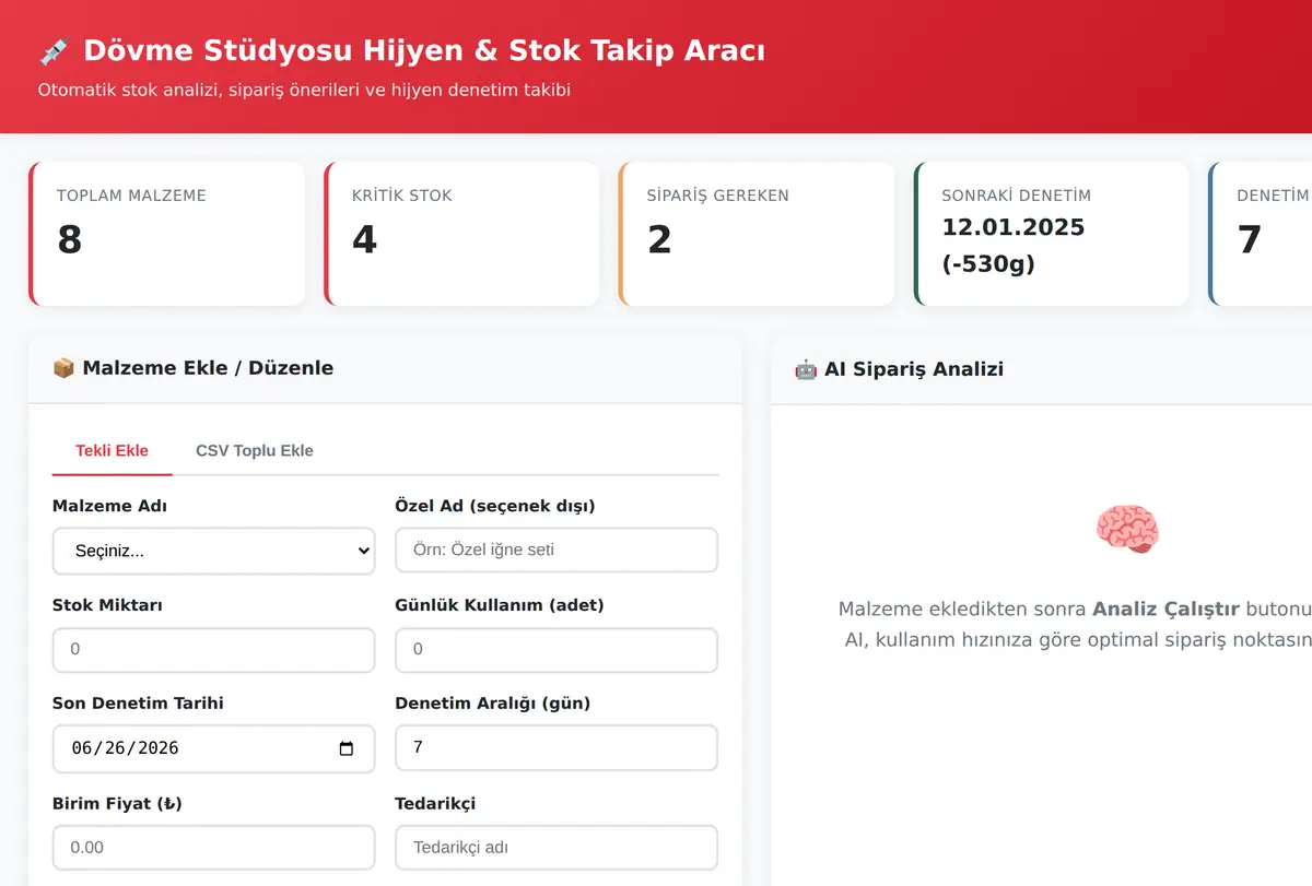 Dövme Stüdyosu Hijyen & Stok Takip Aracı ekran görüntüsü
