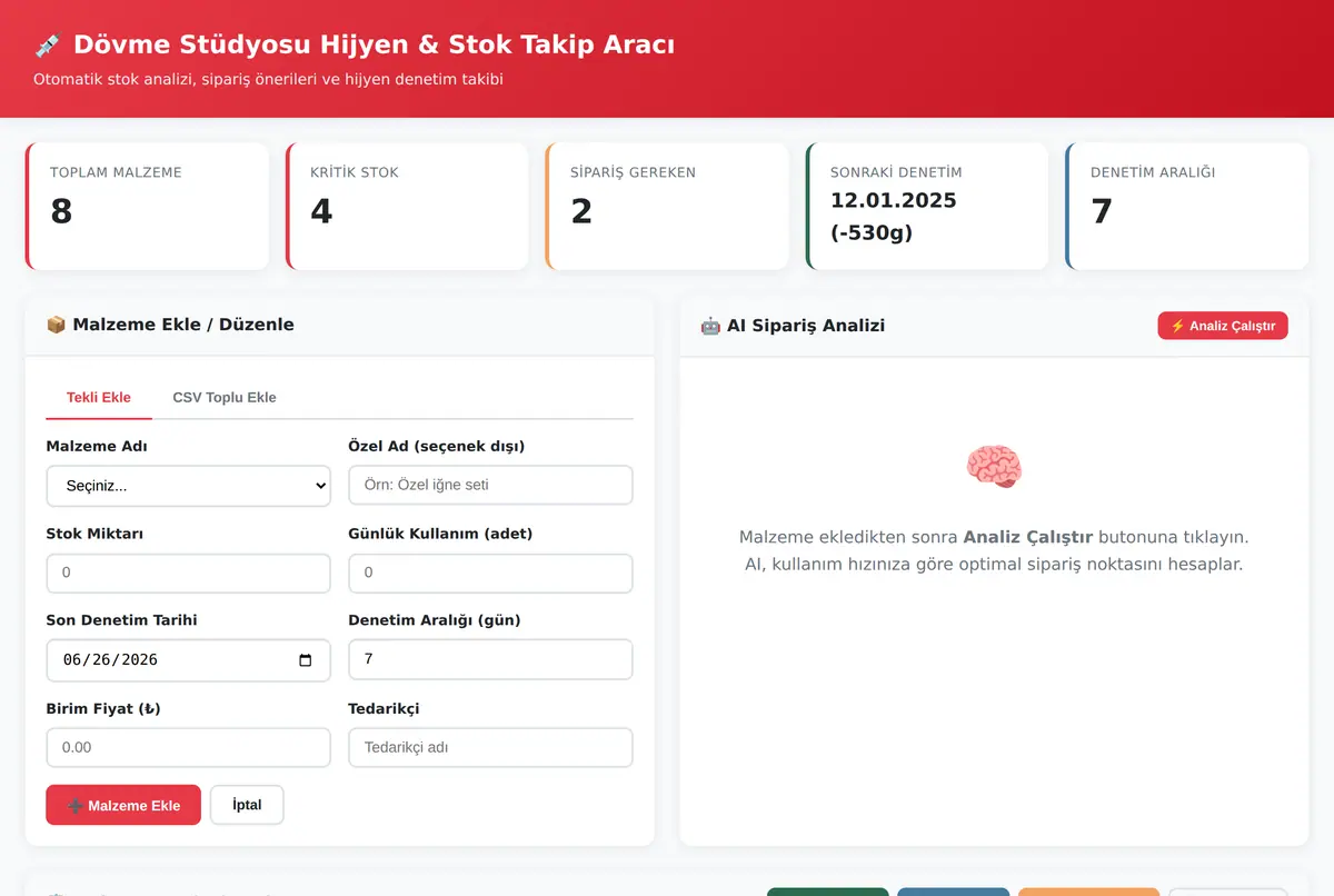 Dövme Stüdyosu Hijyen & Stok Takip Aracı ekran görüntüsü 2