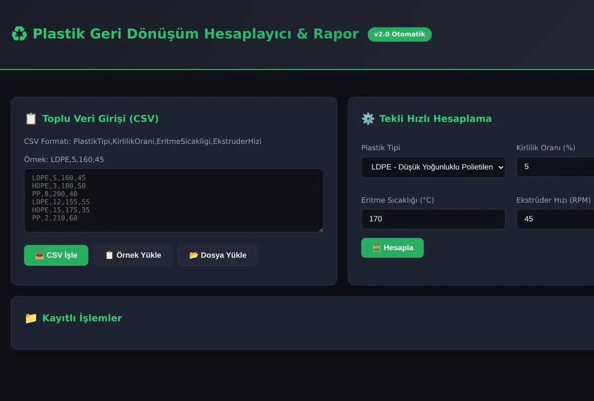 Plastik Geri Dönüşüm Hesaplayıcı & Rapor ekran görüntüsü