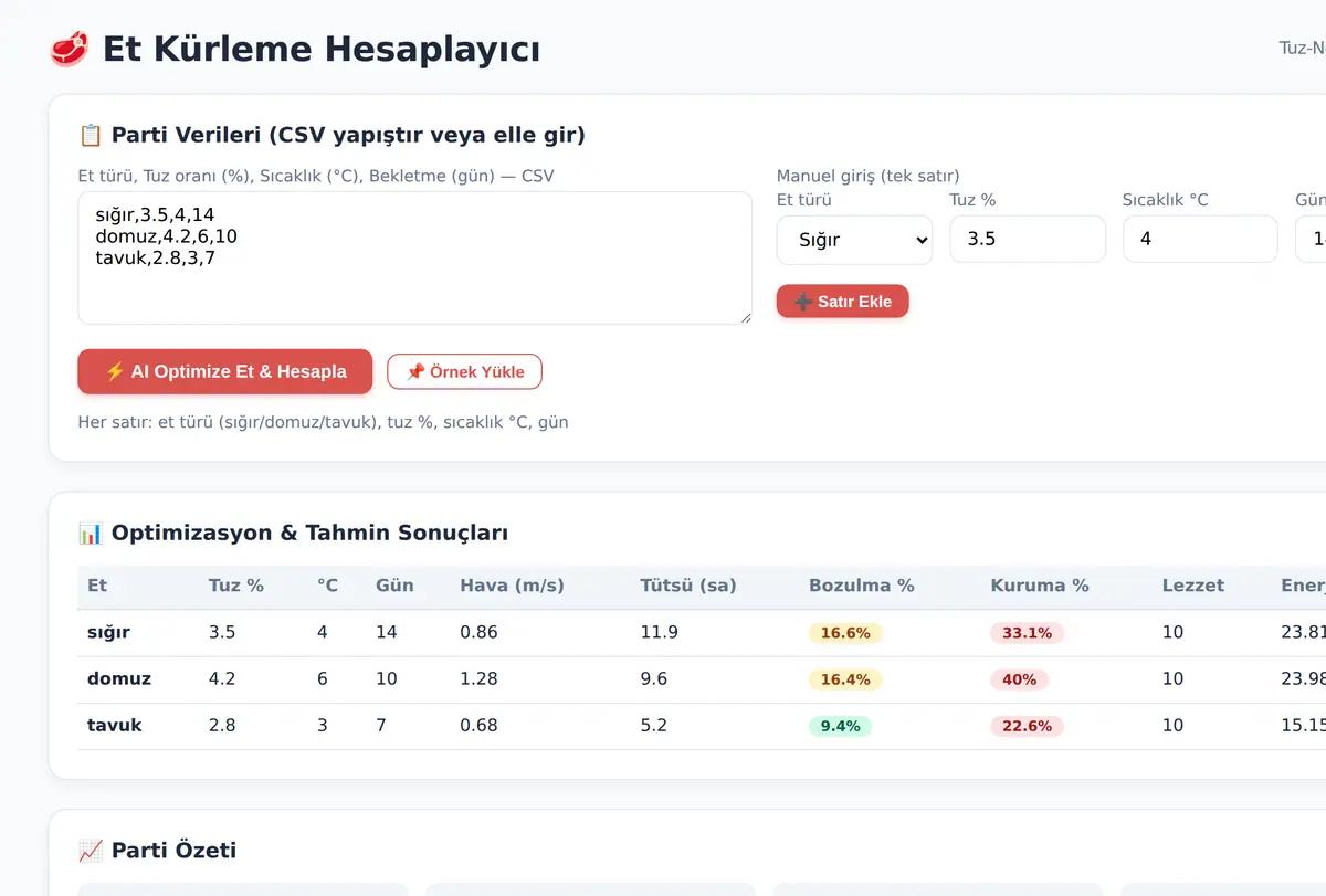 Et Kürleme Hesaplayıcı: Tuz-Nem-Akış AI Optimiz ekran görüntüsü
