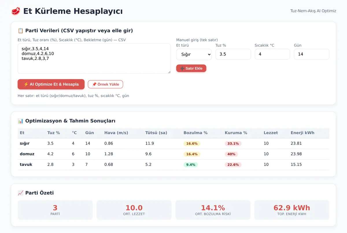 Et Kürleme Hesaplayıcı: Tuz-Nem-Akış AI Optimiz ekran görüntüsü 2
