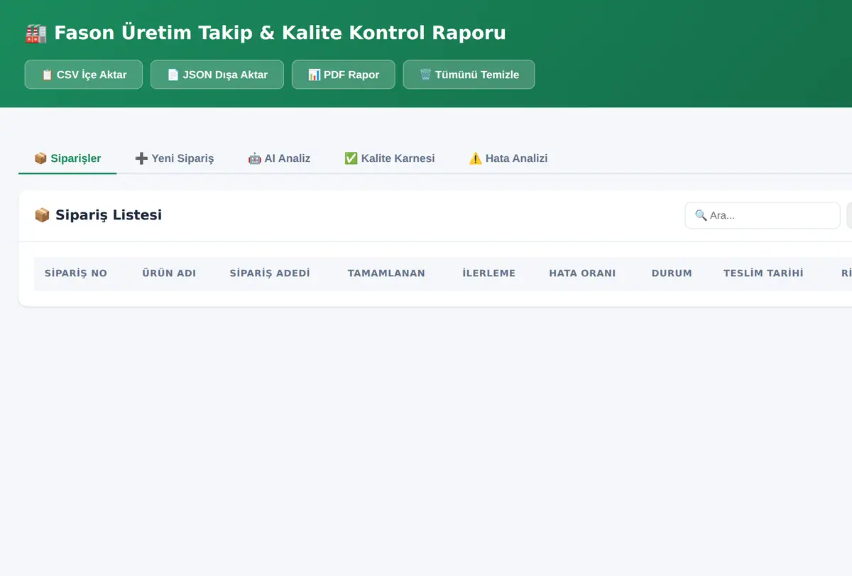 Fason Üretim Takip & Kalite Kontrol Raporu ekran görüntüsü