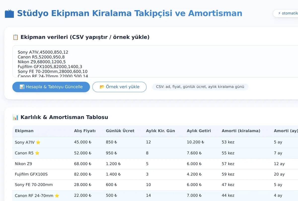 Stüdyo Ekipman Kiralama Takipçisi ve Amortisman ekran görüntüsü
