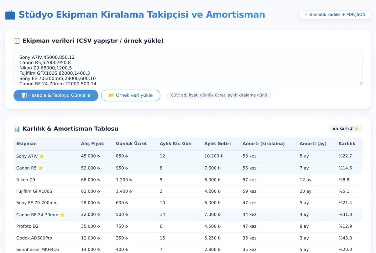 Stüdyo Ekipman Kiralama Takipçisi ve Amortisman ekran görüntüsü 2