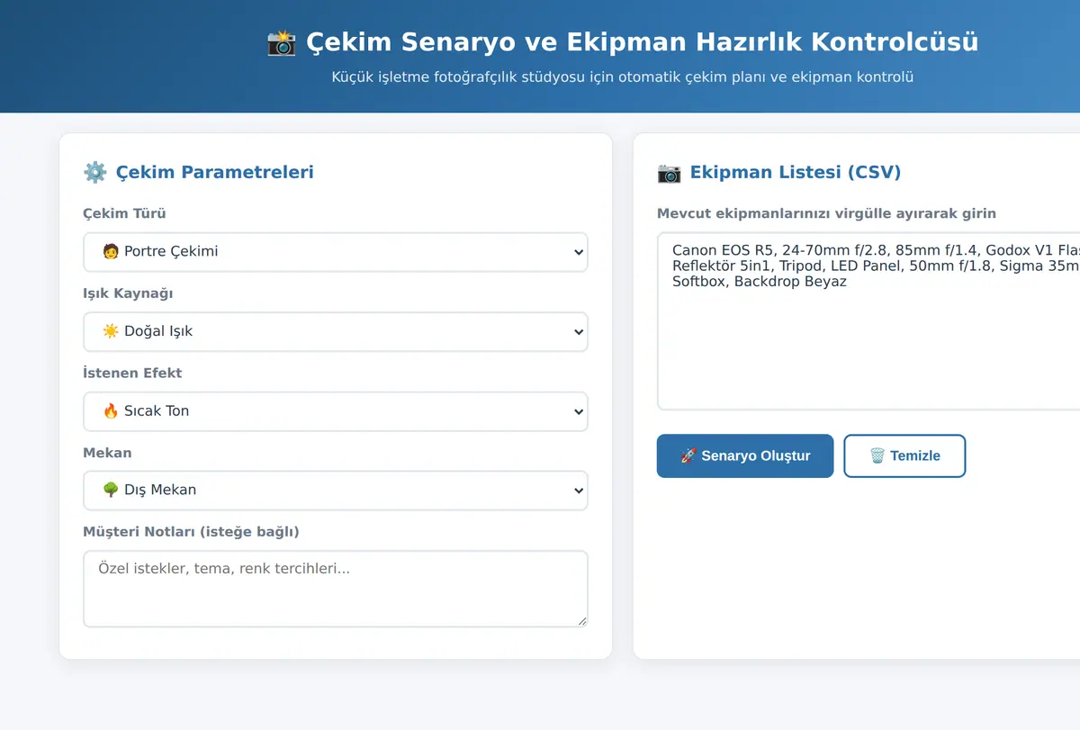 Çekim Senaryo ve Ekipman Hazırlık Kontrolcüsü ekran görüntüsü