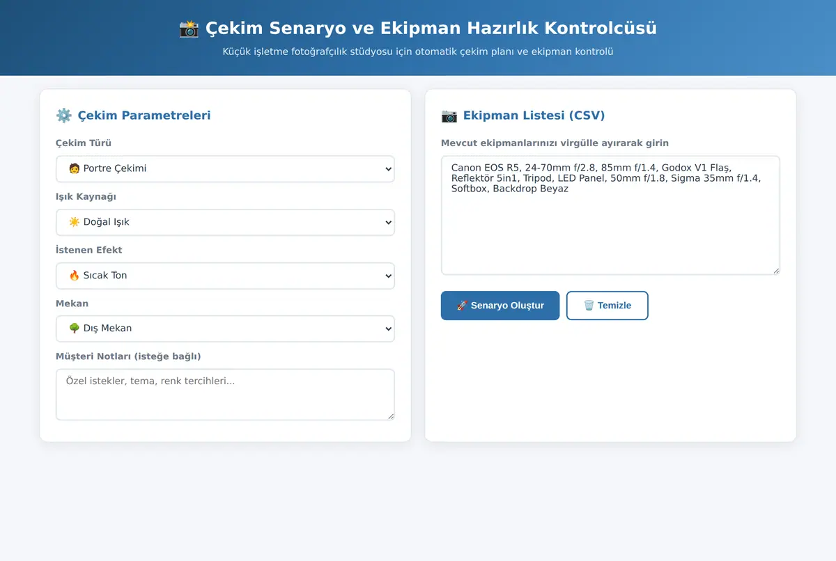 Çekim Senaryo ve Ekipman Hazırlık Kontrolcüsü ekran görüntüsü 2