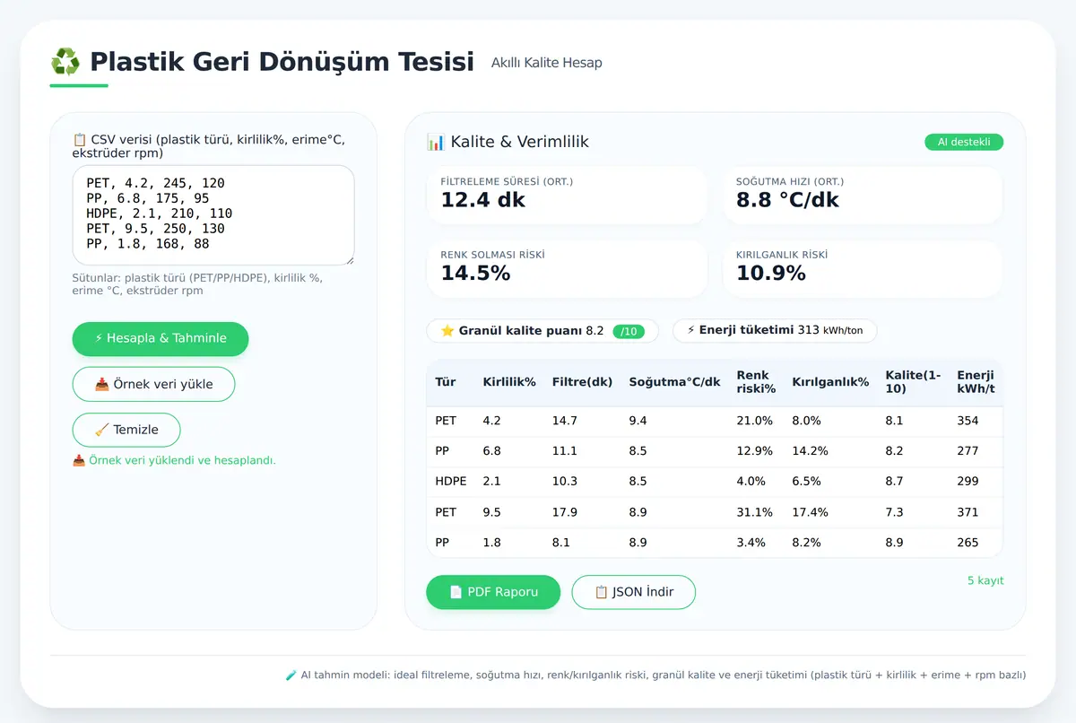 Plastik Geri Dönüşüm Tesisi · Akıllı Kalite Hesap ekran görüntüsü 2