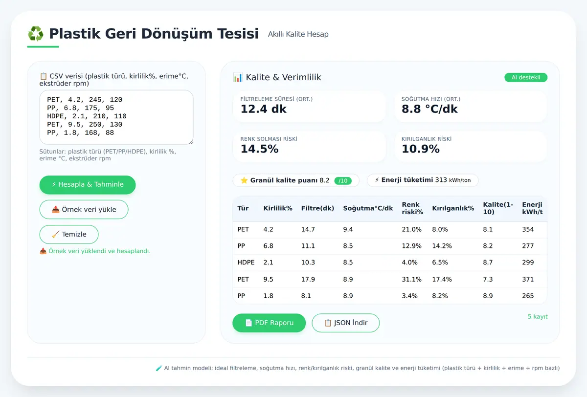 Plastik Geri Dönüşüm Tesisi · Akıllı Kalite Hesap ekran görüntüsü 3