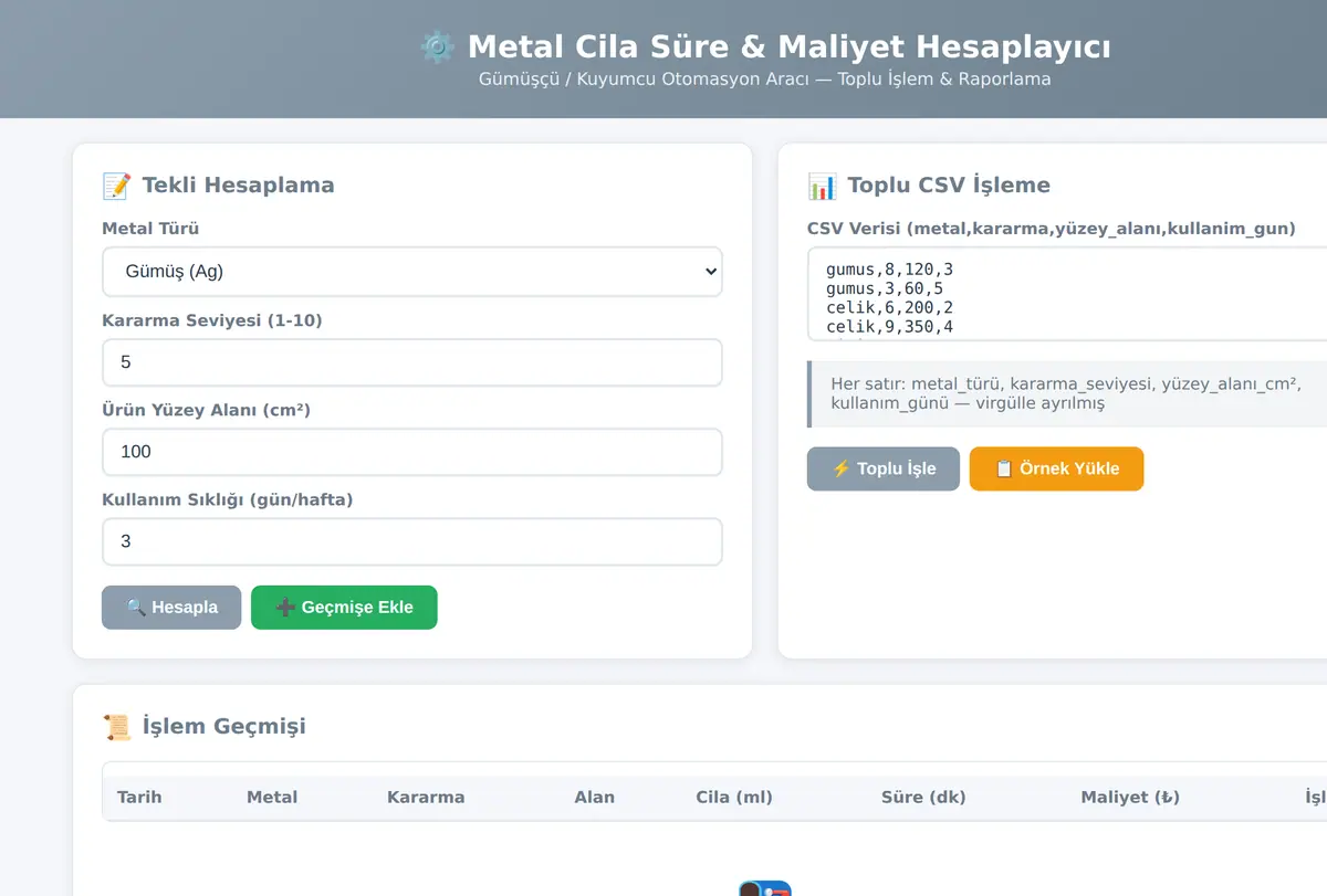 Metal Cila Süre & Maliyet Hesaplayıcı ekran görüntüsü