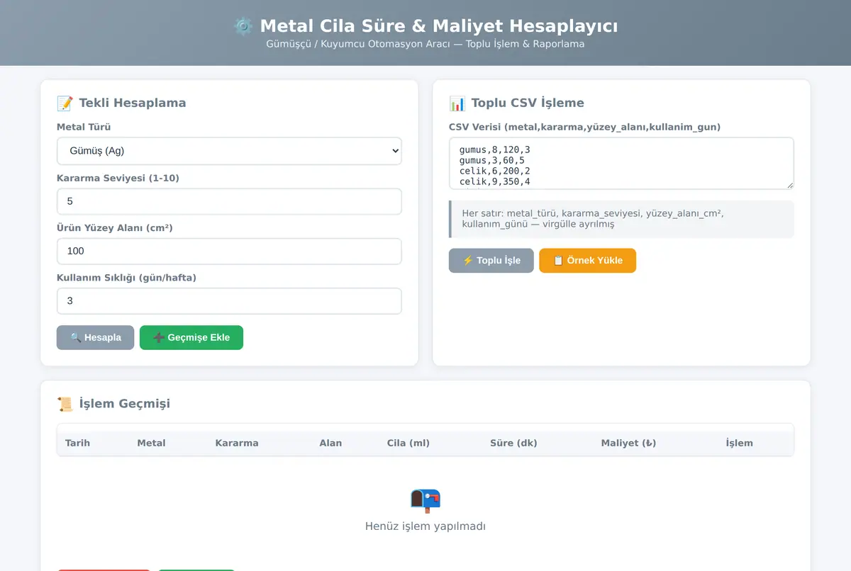 Metal Cila Süre & Maliyet Hesaplayıcı ekran görüntüsü 2