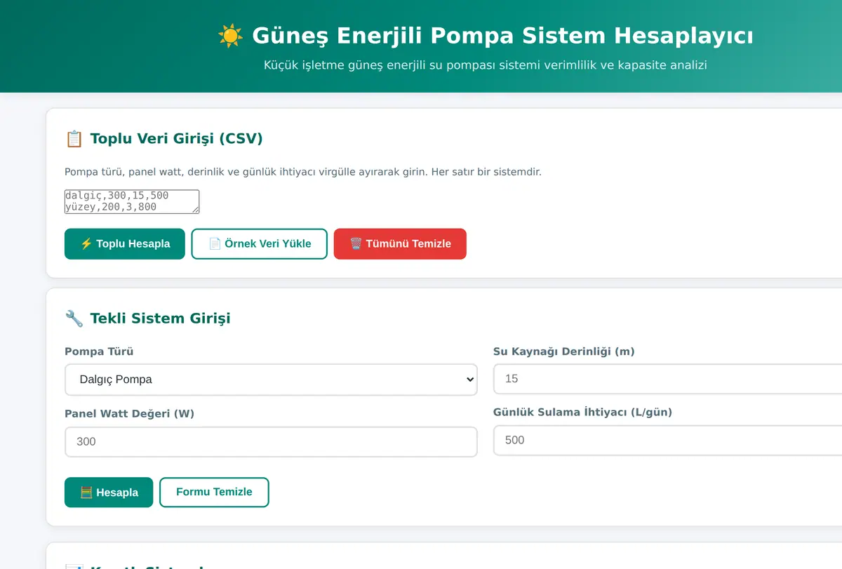 Güneş Enerjili Pompa Sistem Hesaplayıcı ekran görüntüsü