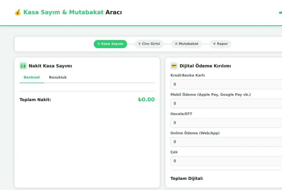 Kasa Sayım & Mutabakat Aracı - Tek Tıkla Rapor ekran görüntüsü