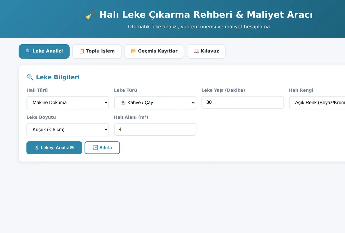 Halı Leke Çıkarma Rehberi & Maliyet Aracı ekran görüntüsü