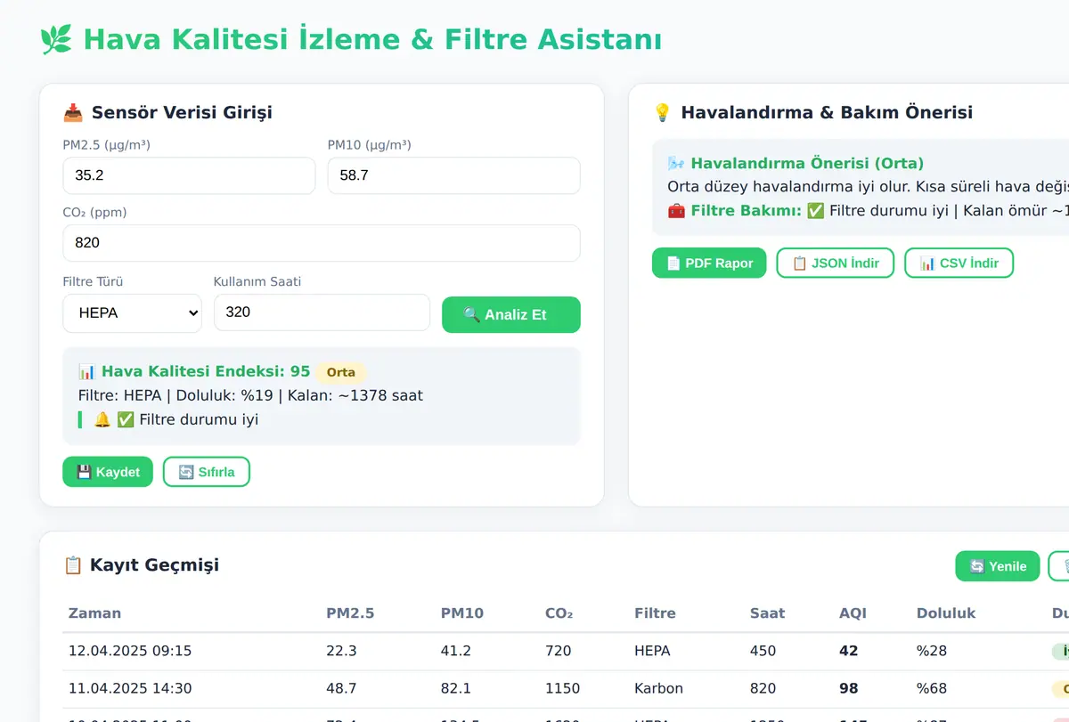 Hava Kalitesi İzleme ve Filtre Değişim Asistanı ekran görüntüsü