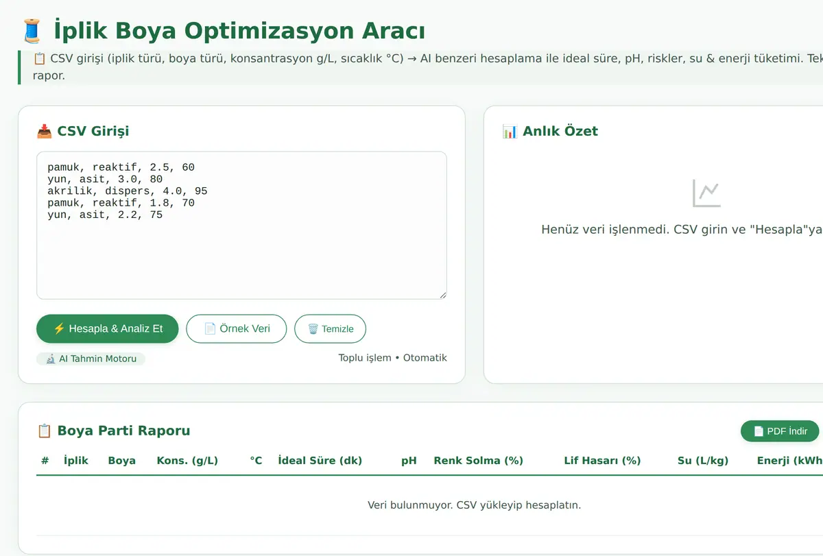 İplik Boya Optimizasyon Aracı: Hız & Haslık Hes ekran görüntüsü