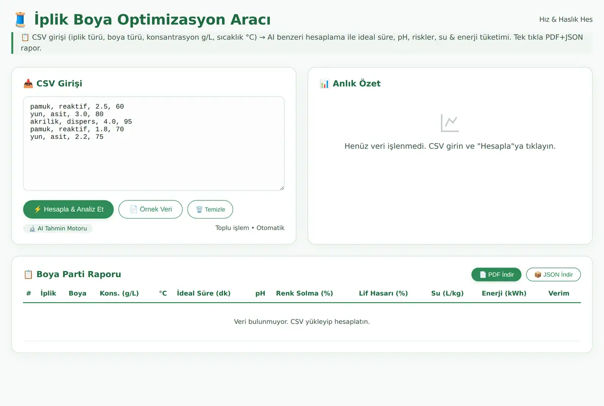 İplik Boya Optimizasyon Aracı: Hız & Haslık Hes ekran görüntüsü 3