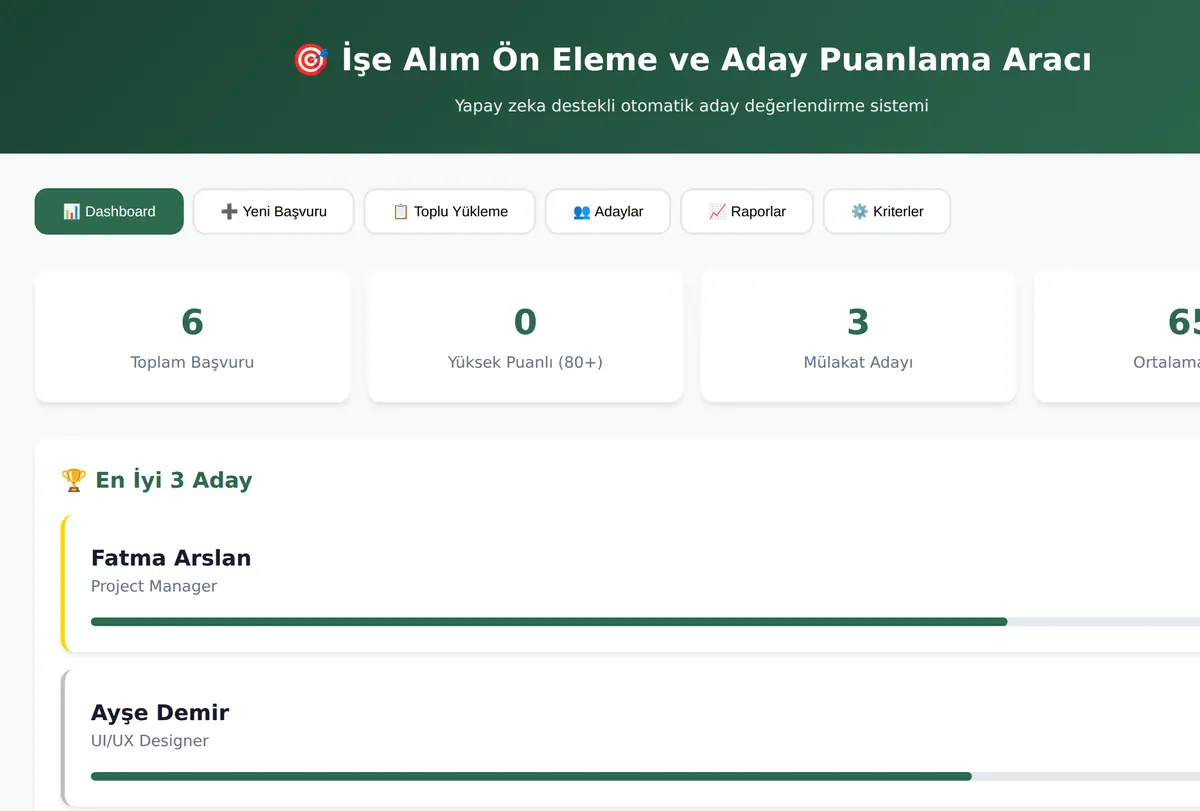 İşe Alım Ön Eleme ve Aday Puanlama Aracı ekran görüntüsü