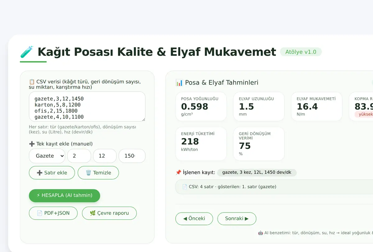 Kağıt Posası Kalite ve Elyaf Mukavemet Hesaplayıcı ekran görüntüsü