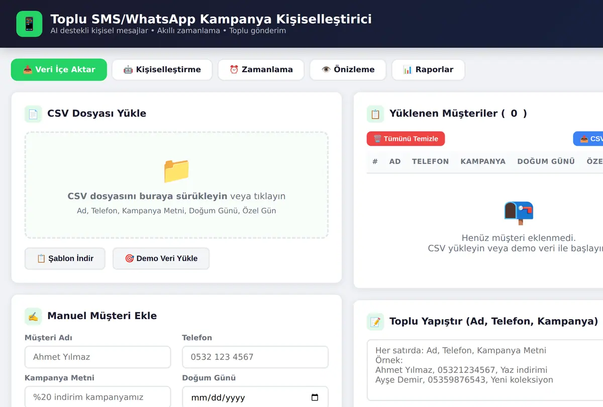 Toplu SMS/WhatsApp Kampanya Kişiselleştirici ekran görüntüsü