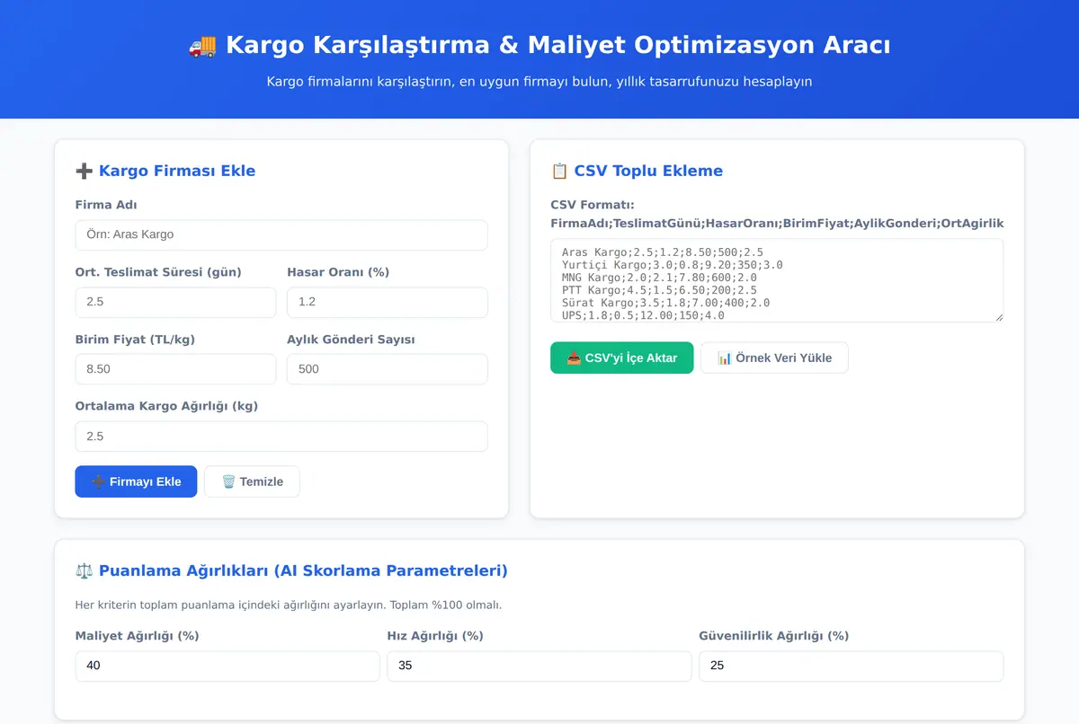 Kargo Karşılaştırma & Maliyet Optimizasyon Aracı ekran görüntüsü 2
