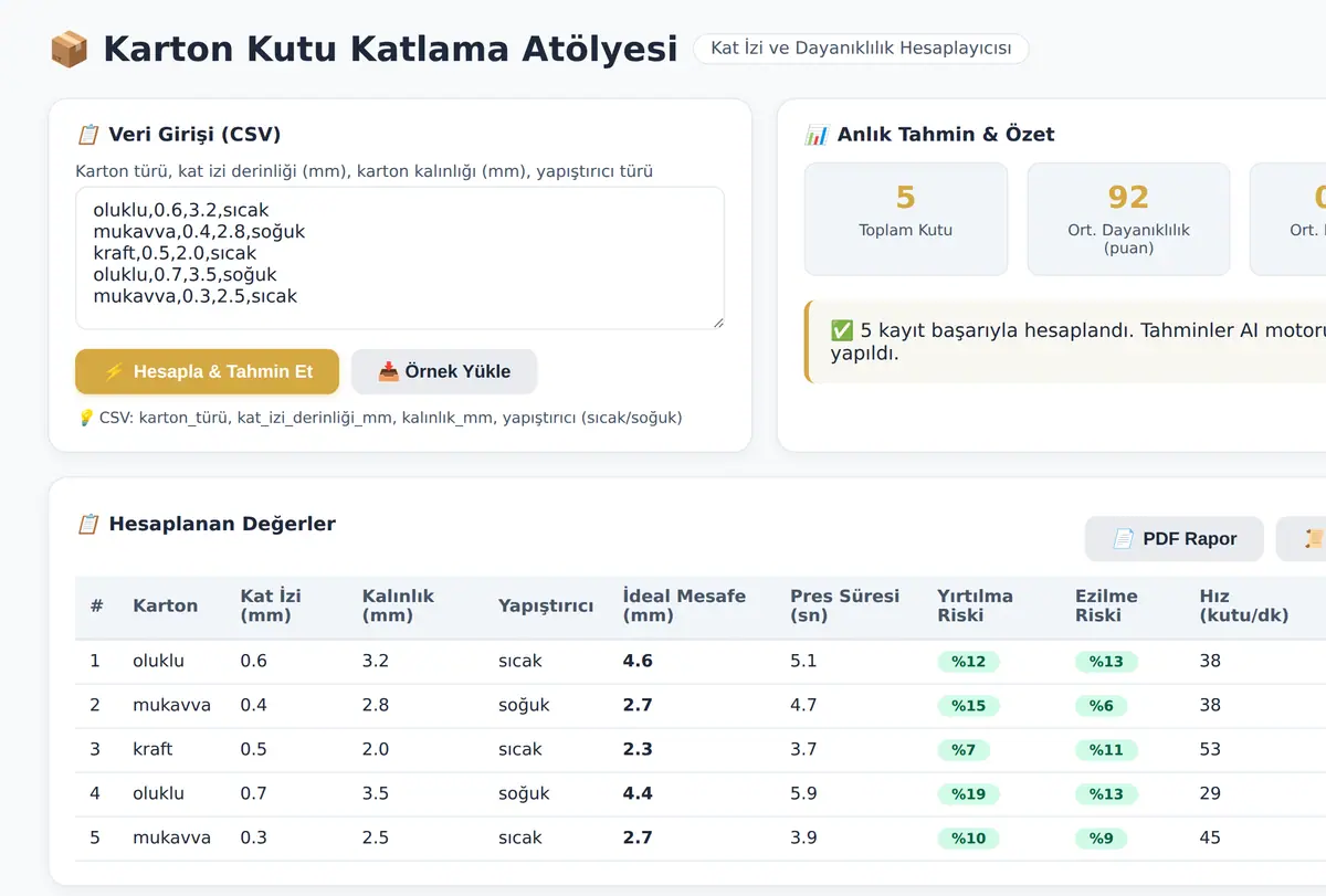 Karton Kutu Katlama Atölyesi Kat İzi ve Dayanıklılık Hesaplayıcısı ekran görüntüsü
