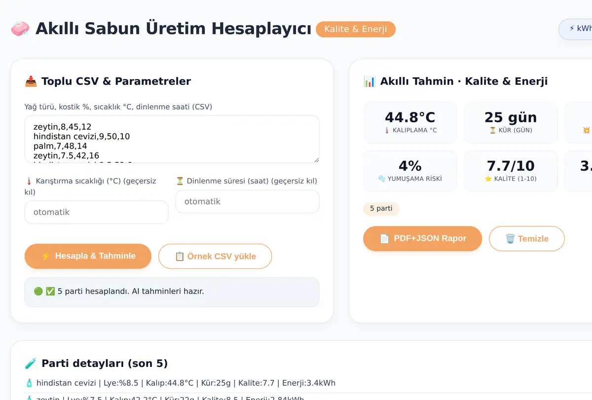 Akıllı Sabun Üretim Hesaplayıcı: Kalite & Enerji ekran görüntüsü