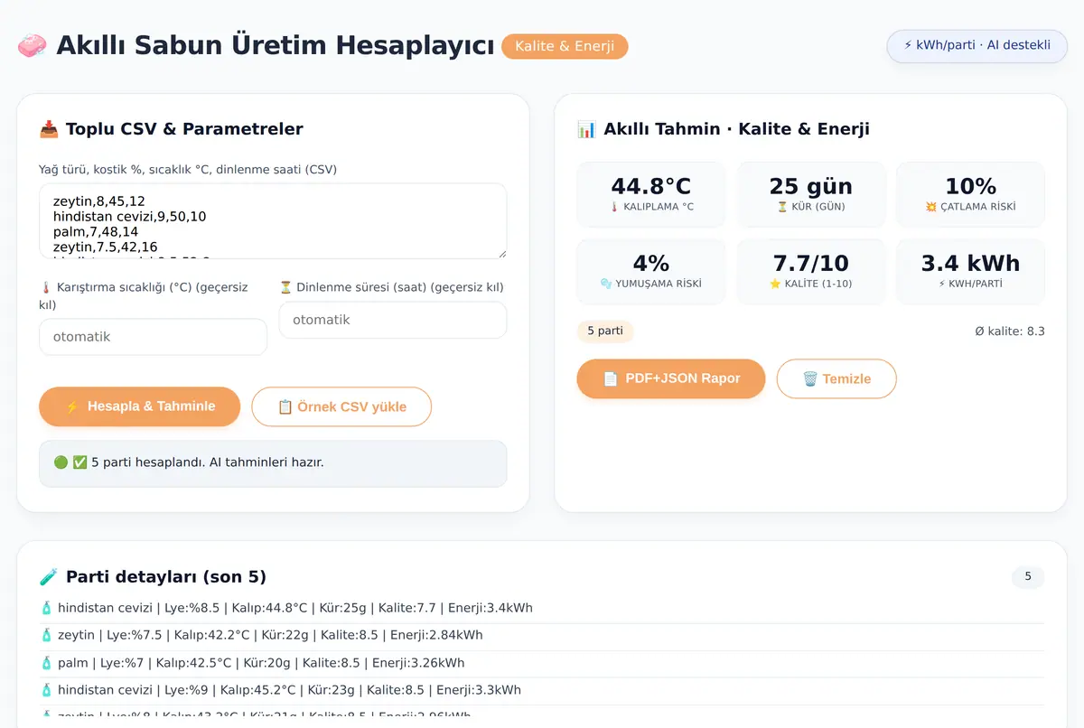 Akıllı Sabun Üretim Hesaplayıcı: Kalite & Enerji ekran görüntüsü 2