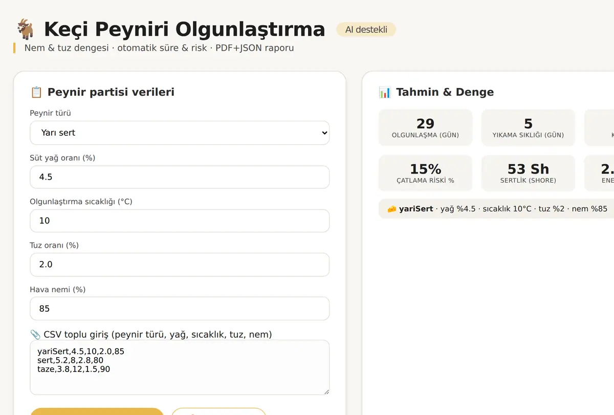 Keçi Peyniri Olgunlaştırma Hesaplayıcı ekran görüntüsü