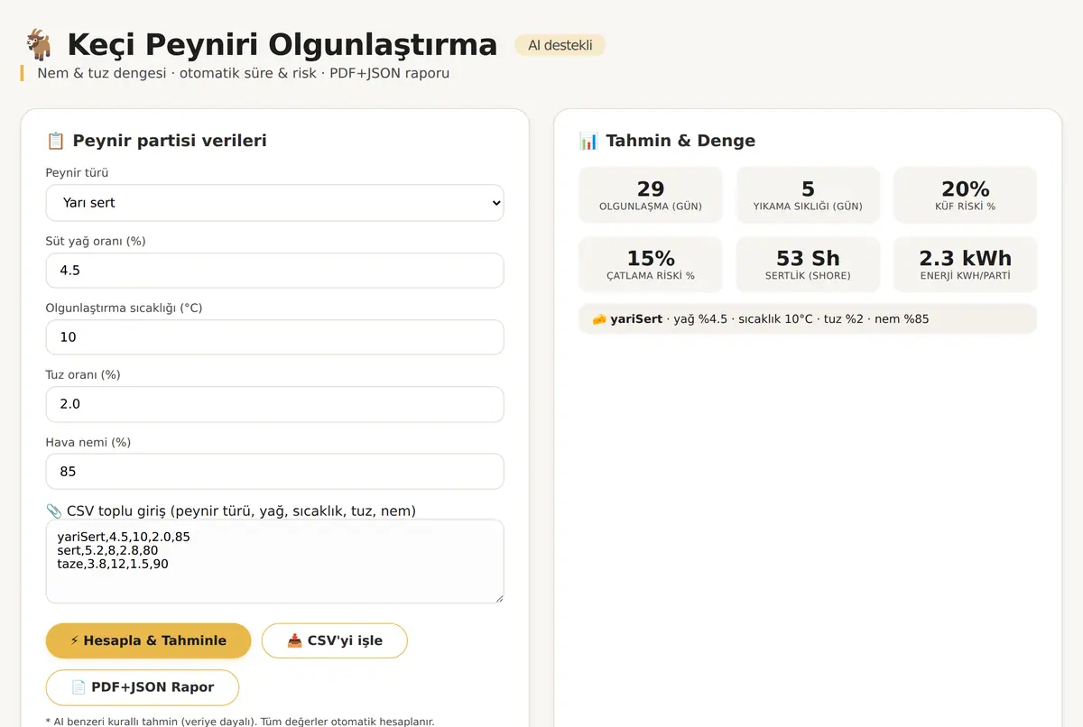 Keçi Peyniri Olgunlaştırma Hesaplayıcı ekran görüntüsü 2
