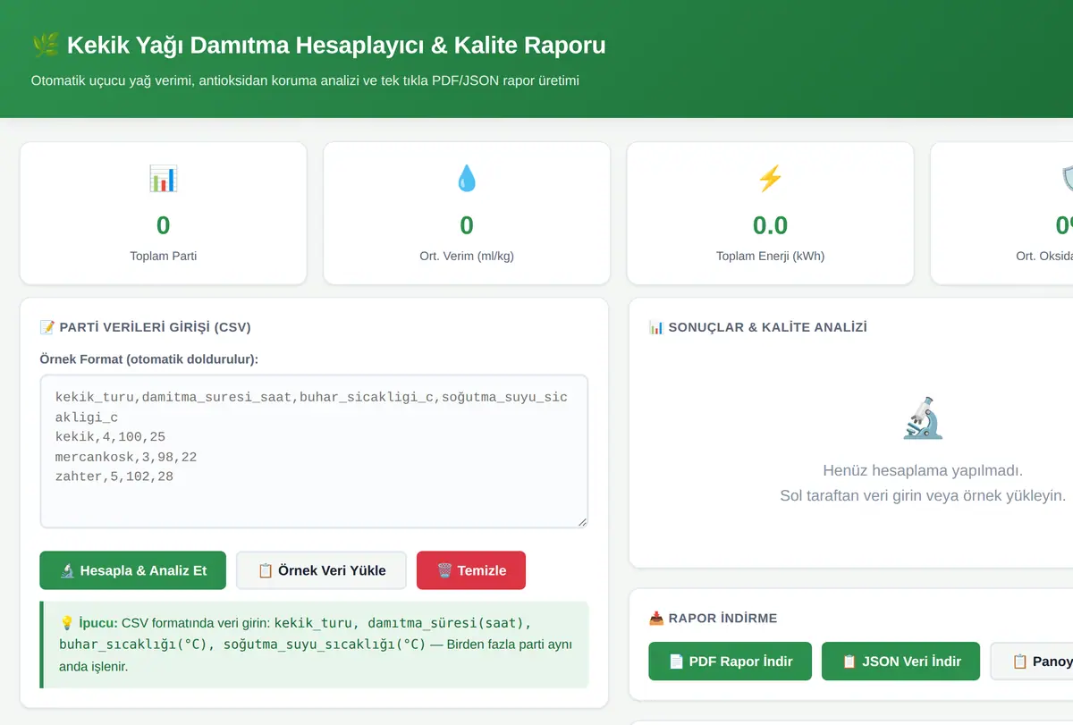 Kekik Yağı Damıtma Hesaplayıcı & Kalite Raporu ekran görüntüsü