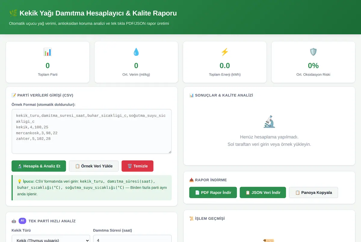 Kekik Yağı Damıtma Hesaplayıcı & Kalite Raporu ekran görüntüsü 2