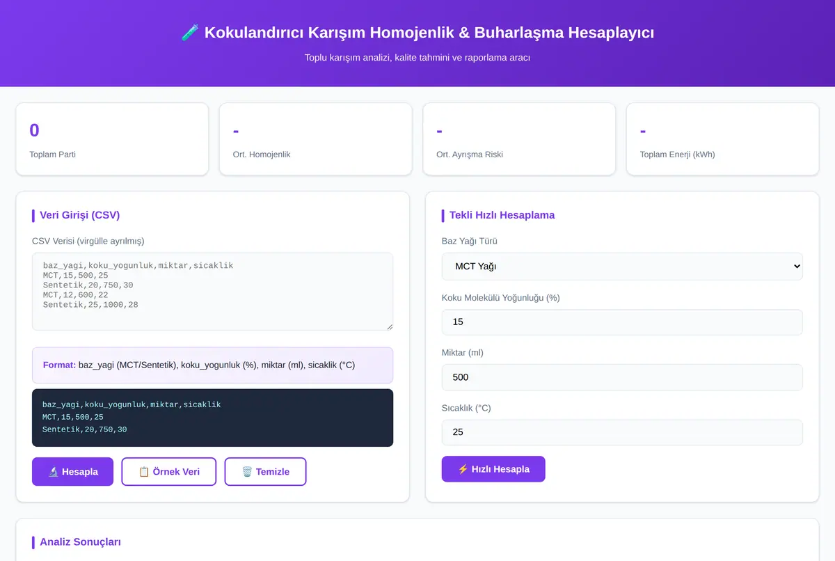 Kokulandırıcı Karışım Homojenlik & Buharlaşma Hesaplayıcı ekran görüntüsü 2