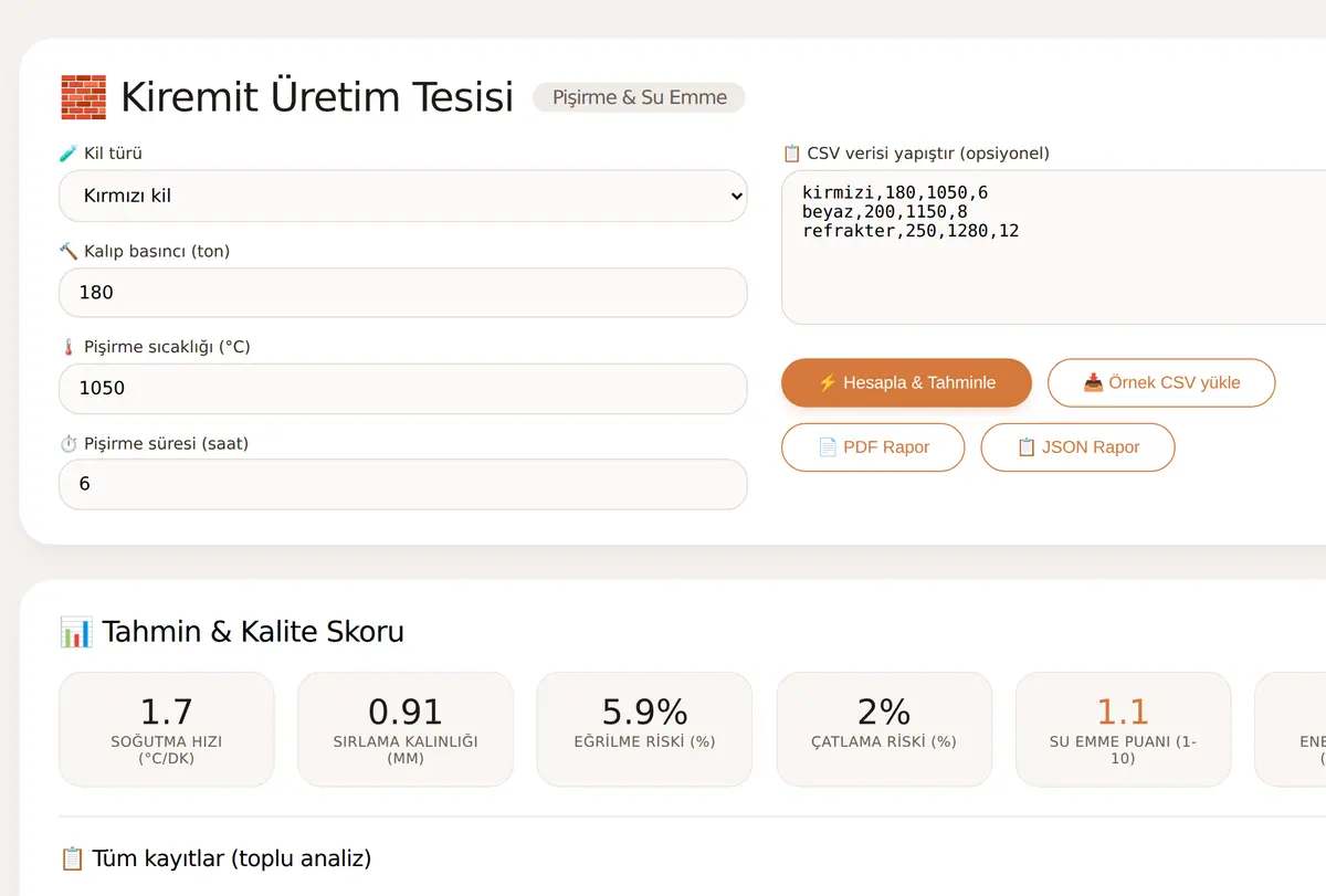 Kiremit Üretim Tesisi · Pişirme & Su Emme Hesaplama ekran görüntüsü