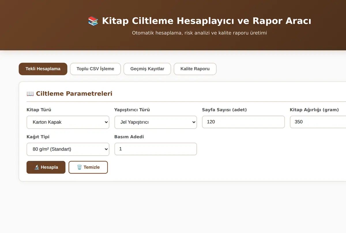 Kitap Ciltleme Hesaplayıcı ve Rapor Aracı ekran görüntüsü