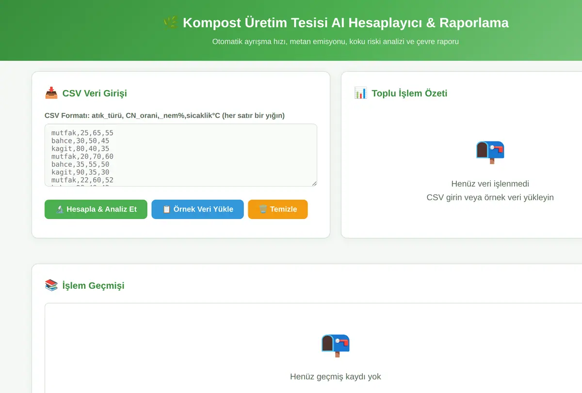 Kompost Üretim Tesisi AI Hesaplayıcı & Raporlama ekran görüntüsü