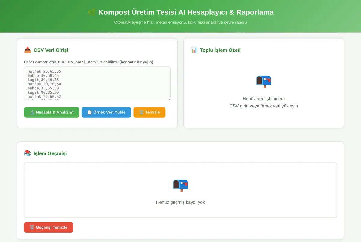 Kompost Üretim Tesisi AI Hesaplayıcı & Raporlama ekran görüntüsü 2