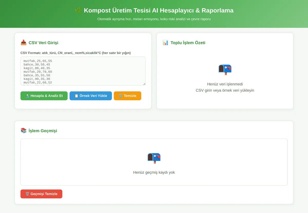 Kompost Üretim Tesisi AI Hesaplayıcı & Raporlama ekran görüntüsü 3