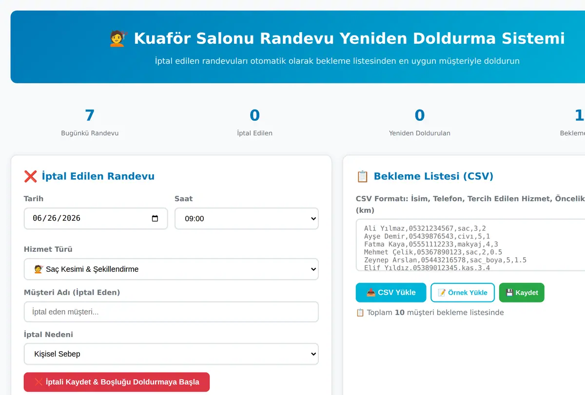 Kuaför Salonu Randevu Yeniden Doldurma Sistemi ekran görüntüsü