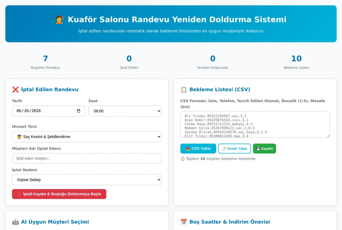 Kuaför Salonu Randevu Yeniden Doldurma Sistemi ekran görüntüsü 2