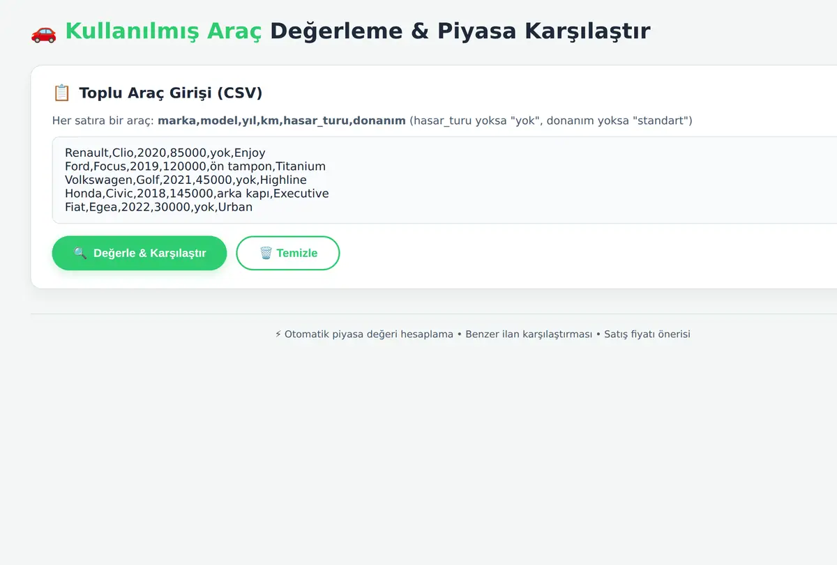 Kullanılmış Araç Değerleme ve Piyasa Karşılaştırıcı ekran görüntüsü