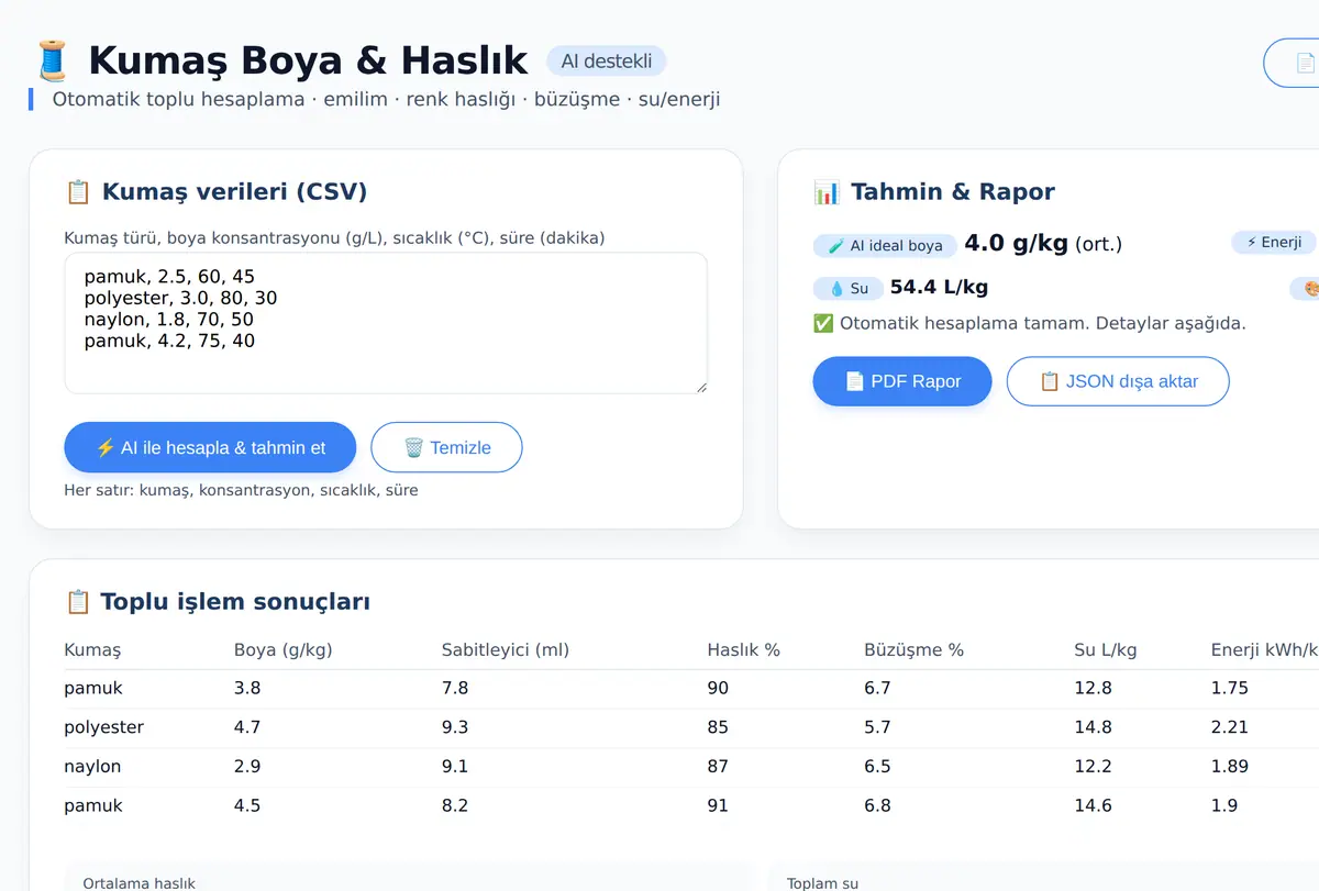 Kumaş Boya ve Haslık Hesaplayıcı - AI Destekli ekran görüntüsü