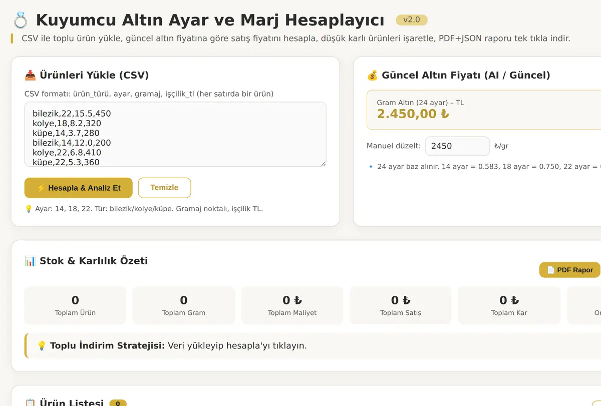 Kuyumcu Altın Ayar ve Marj Hesaplayıcı - Rapor ekran görüntüsü