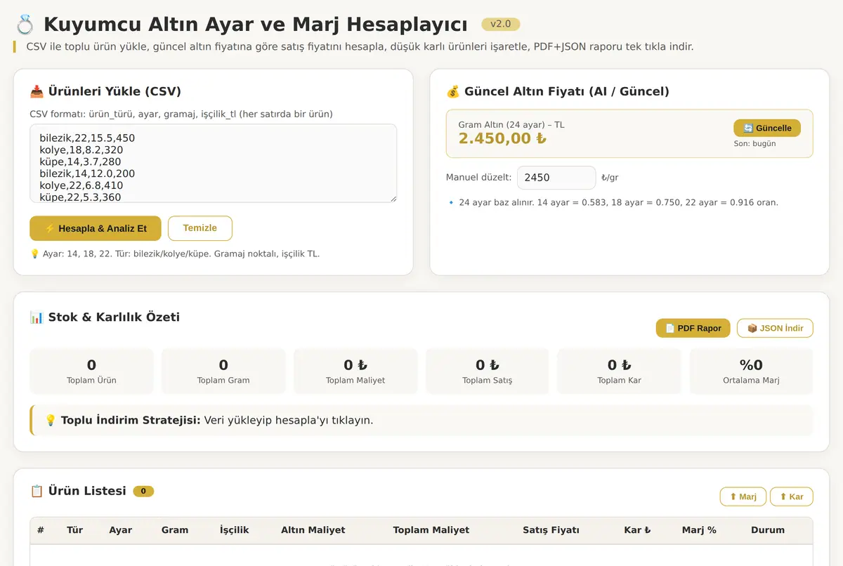 Kuyumcu Altın Ayar ve Marj Hesaplayıcı - Rapor ekran görüntüsü 2
