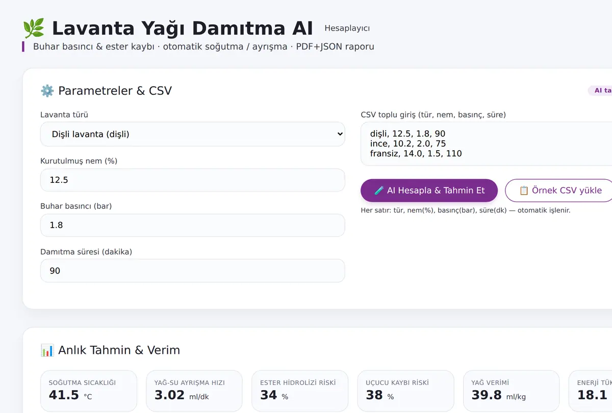 Lavanta Yağı Damıtma AI Hesaplayıcı ekran görüntüsü