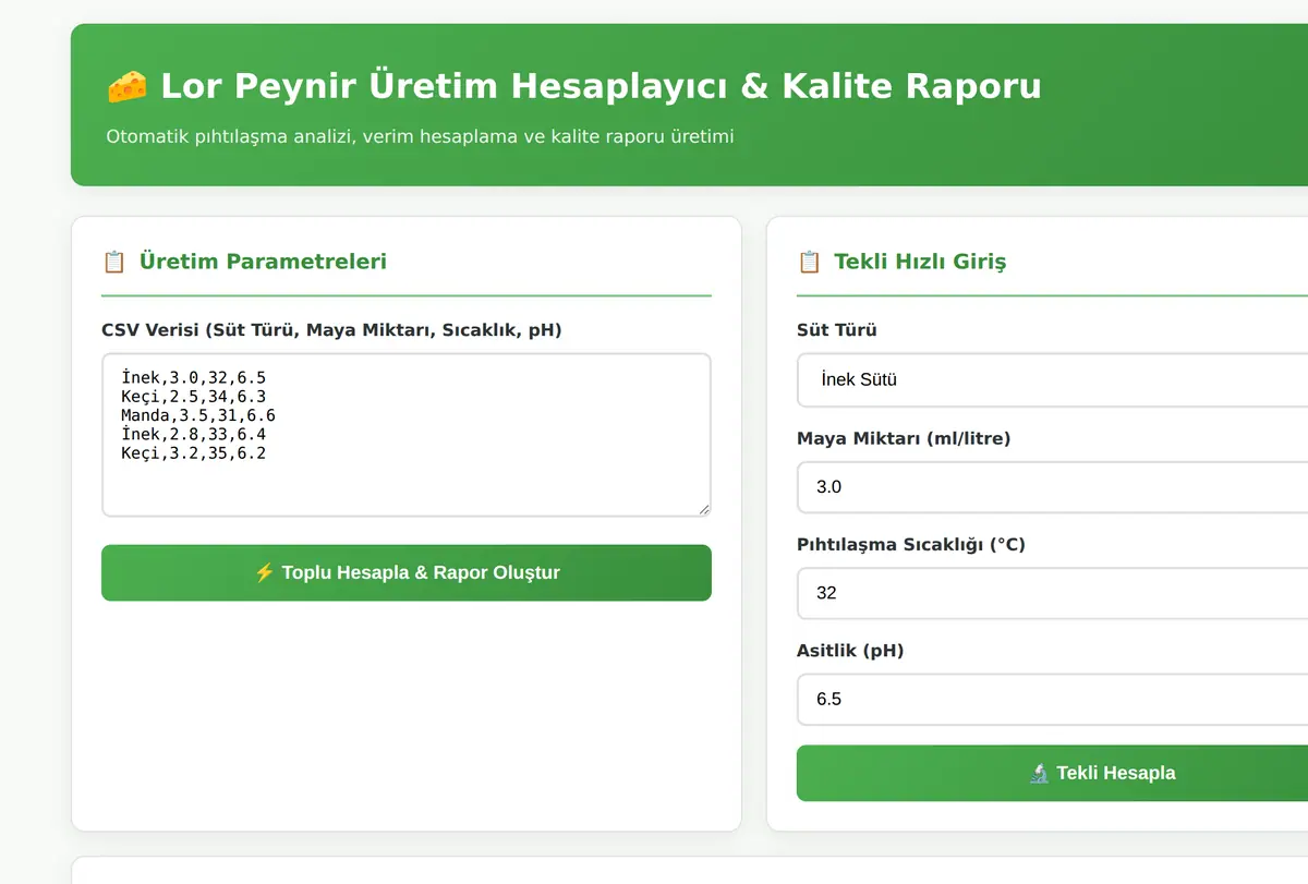 Lor Peynir Üretim Hesaplayıcı & Kalite Raporu ekran görüntüsü