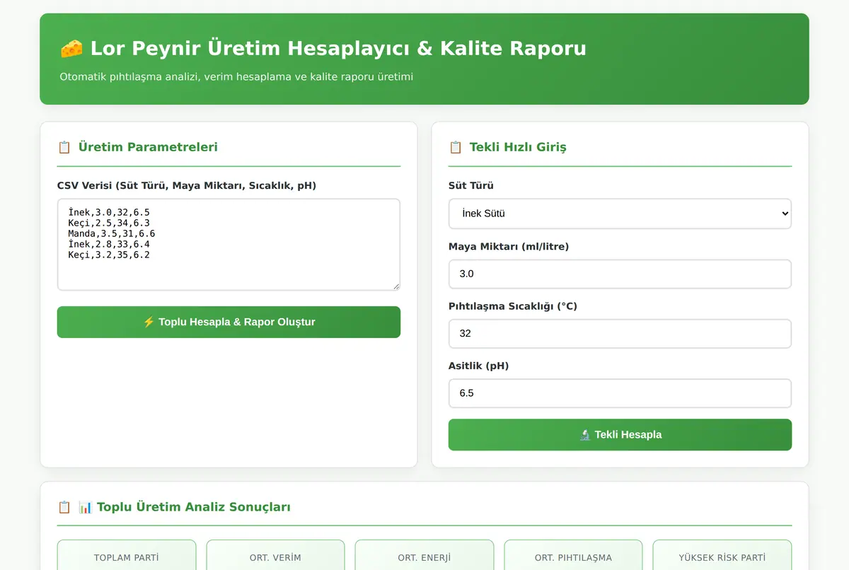 Lor Peynir Üretim Hesaplayıcı & Kalite Raporu ekran görüntüsü 2