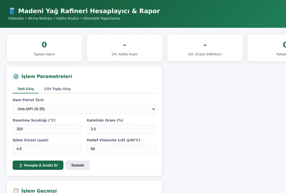 Madeni Yağ Rafineri Hesaplayıcı & Rapor ekran görüntüsü