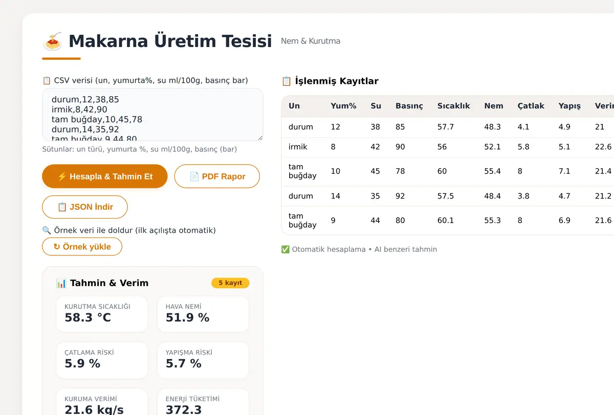 Makarna Üretim Tesisi Nem ve Kurutma Süresi Hes ekran görüntüsü